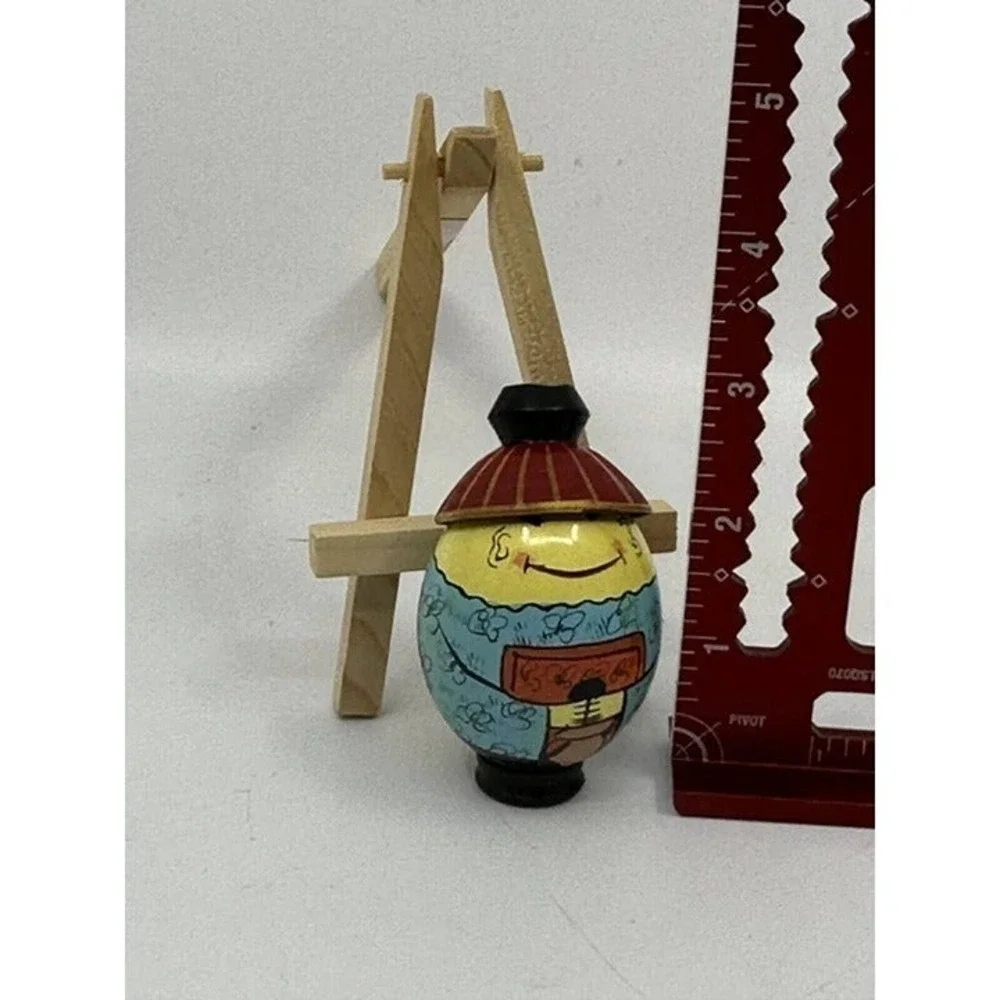 Wooden Figurine Turned Hand Painted Asian Conical Hat‎ Kimono Egg Shaped 3